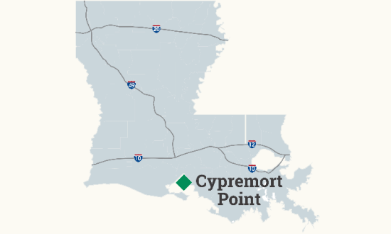 Map Image of Louisiana with Cypremort State Park Labeled.