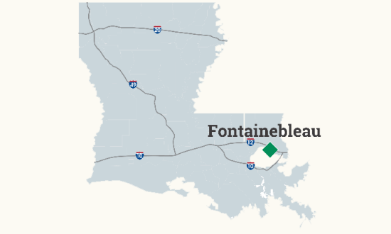 Map Image of Louisiana with Fontainebleau State Park Labeled.
